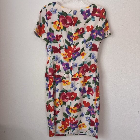 Vintage MAGGY LONDON Dress Size 6 100% Silk White Floral Sheath Colorful 50s - Picture 2 of 10